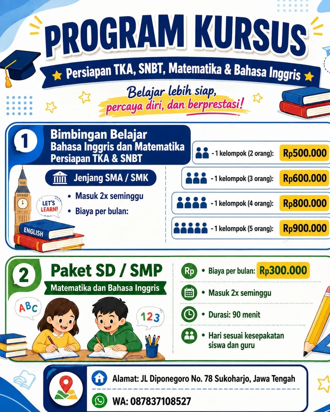 Info Biaya Les Bahasa Inggris dan Matematika SD SMP SMA SMK Queen Education Centre