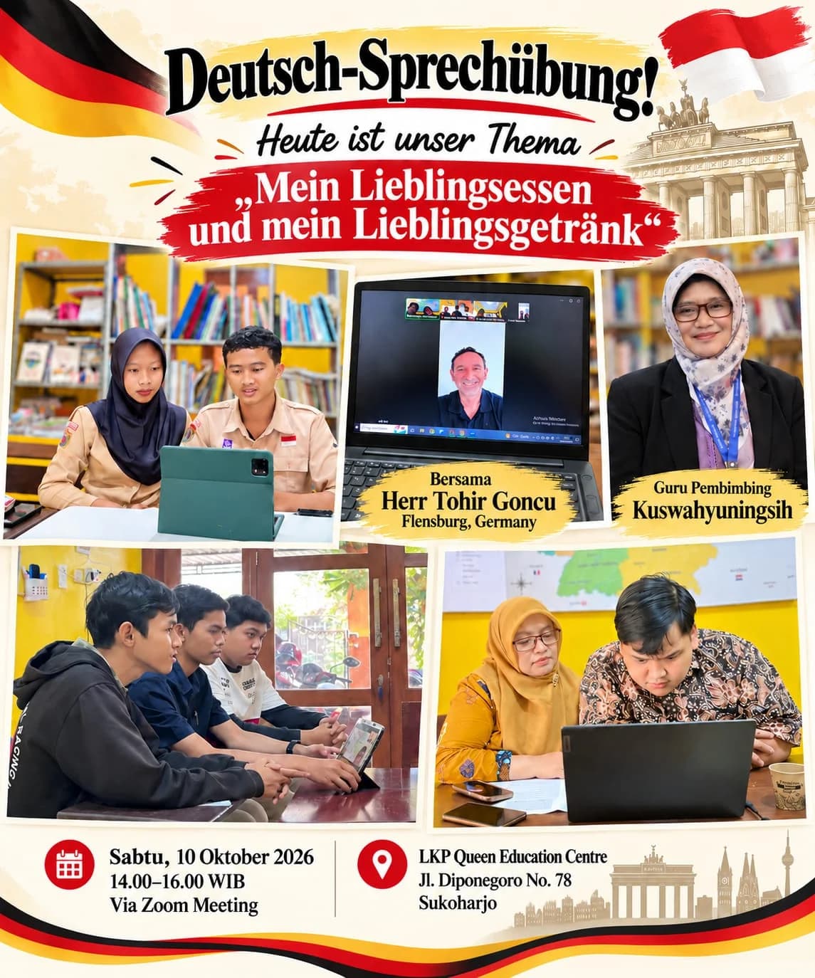 Dokumentasi Deutsch-Sprechübung bersama Herr Tohir Goncu Flensburg Germany dan Guru Pembimbing Dr. Kuswahyuningsih di Queen Education Centre Sukoharjo