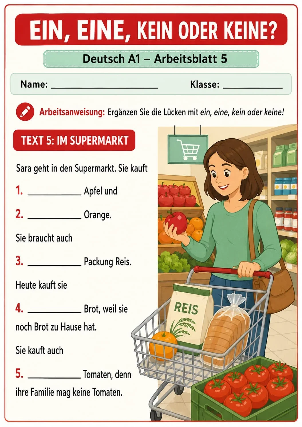Lembar kerja bahasa Jerman A1: Penggunaan artikel ein, eine, kein atau keine bertema di supermarket