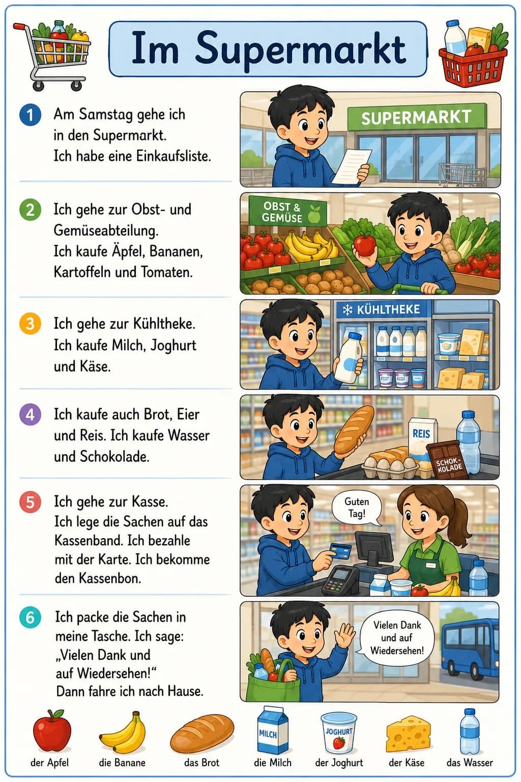 Infografis cerita bergambar dan kosakata bahasa Jerman belanja di supermarket