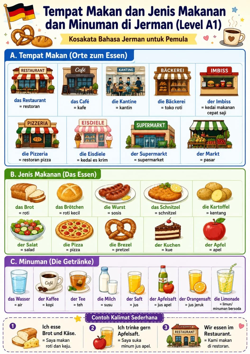 Daftar kosakata bahasa Jerman pemula: Jenis tempat makan, makanan, dan minuman di Jerman