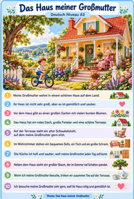 Lembar materi membaca bahasa Jerman A2: Das Haus meiner Großmutter - Rumah nenek di pedesaan