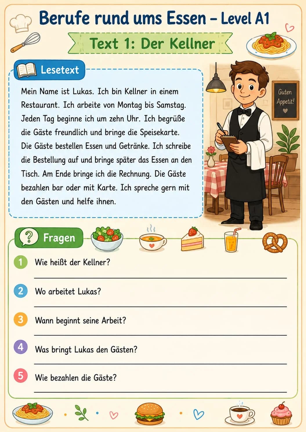 Teks bacaan dan soal pemahaman A1 bertema profesi pelayan restoran (Der Kellner)