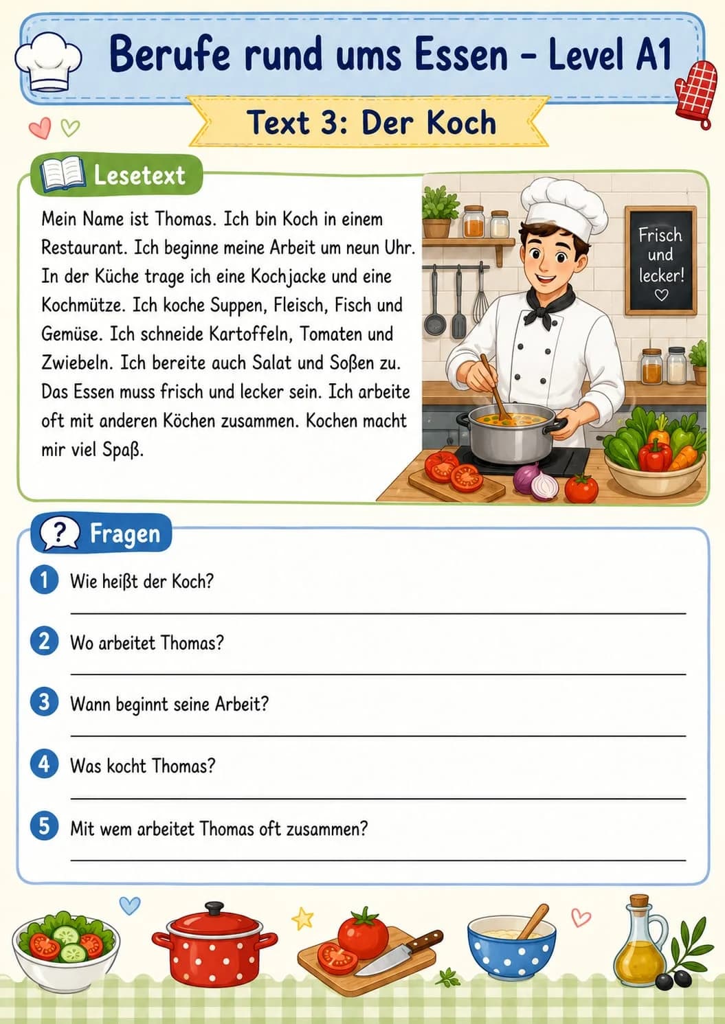 Teks bacaan dan soal pemahaman A1 bertema profesi koki restoran (Der Koch)