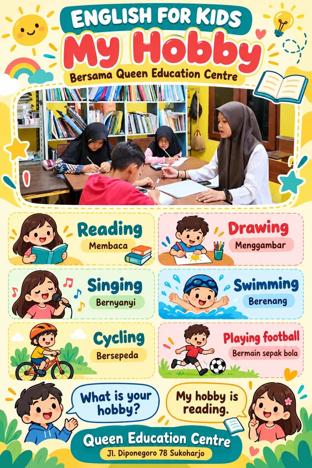 Lembar Materi Belajar English for Kids My Hobby Queen Education Centre Sukoharjo